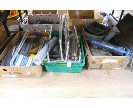 Three boxes of tools, metal parts, fencing, stoneware dish