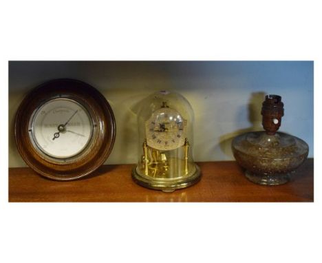 Early to mid 20th Century oak-cased aneroid barometer, together with a brass anniversary or torsion clock and a serpentine la