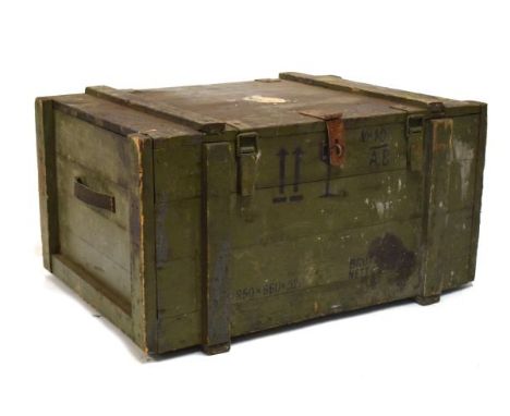 Military-style green painted wooden trunk with assorted markings in Italian, 86cm wide x 47cm high   Condition: 