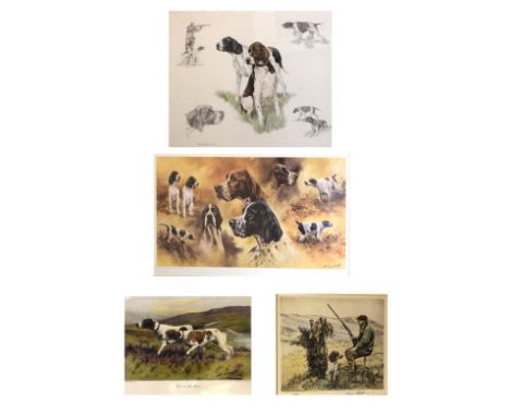 Six assorted prints to include; four of gun dogs, the first a huntsman with spaniel signed Henry Wilkinson, 60/150, another o