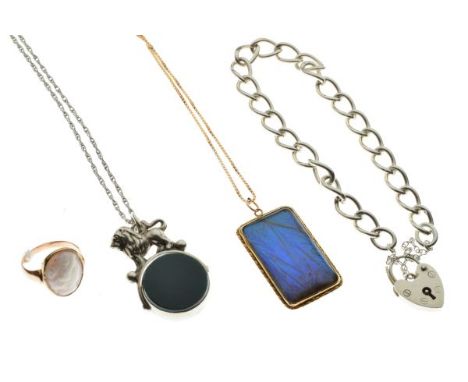 Cameo ring, an oblong pendant, reverse stamped 9ct and white metal fob seal, curb link bracelet etc   Condition: 