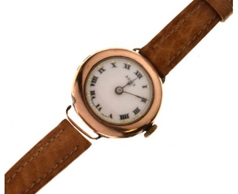 Rolex - George V lady's 9ct gold wristwatch, white Roman dial inscribed Rolex, signed 15-jewel manual wind movement. Case bac