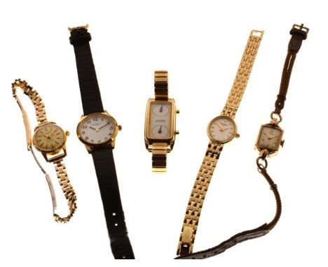 Five assorted lady's wristwatches comprising: Rotary 9ct gold example with rectangular dial to a plaited strap, Rotary gold-p