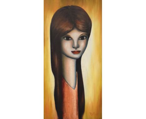Roll - Oil on canvas - Portrait of a girl with long brown hair, signed and dated '64', 60cm x 30cm   Condition: 