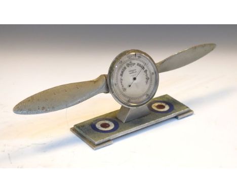 Early 20th Century desk barometer in the form of an aero propeller on a rectangular plinth with RAF red, white and blue insig