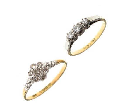 Graduated three stone diamond ring, the shank stamped 18ct &amp; Pt. size L, together with an 18ct gold dress ring set white 