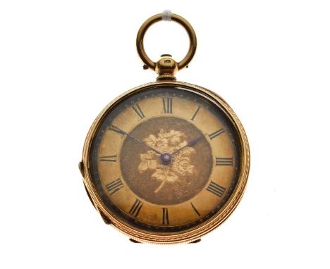 Lady's yellow metal open faced fob watch with gilt Roman chapter ring, engraved rear door, internally stamped K18 and numbere