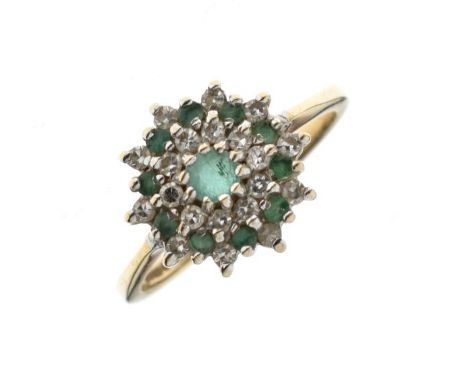 9ct gold diamond and green stone cluster ring, size O, 2.8g gross approx   Condition: 