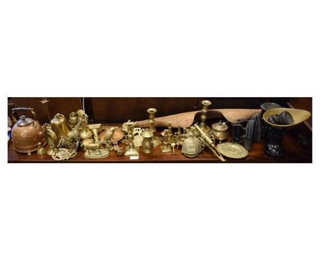 Assorted metalwork to include; grocer's scales, flat irons, candlesticks, etc, together with a treen yoke   Condition: 