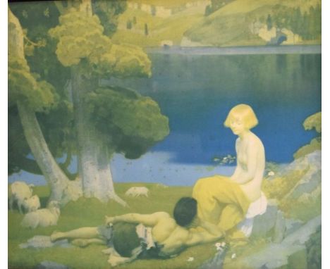 Colour print of lovers in a lakeside setting within ebonised frame   Condition: 