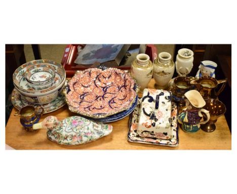 Assorted ceramics to include; Victorian Royal Worcester 'Chicken Foot' vase, three copper lustre jugs and goblet, Masons chee