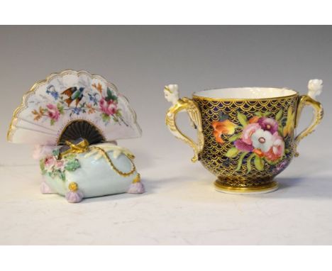 Early 19th Century Spode two handled loving cup having floral painted decoration against a blue and gilt scale ground, two mo