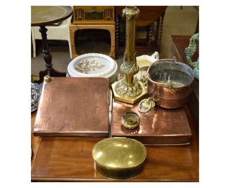 Assorted metalwork to include; Victorian brass lamp base, oval box, two copper carriage foot warmers etc   Condition: 