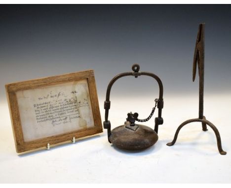 Metal rushlight holder, metal oil lamp, and a Parliaments Army payment receipt dated 1652, framed   Condition: 