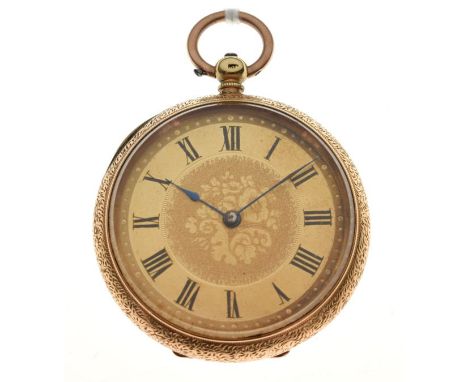 Lady's yellow metal open faced fob watch with gilt Roman chapter ring, engraved rear door, internally stamped K14 DF &amp; Co