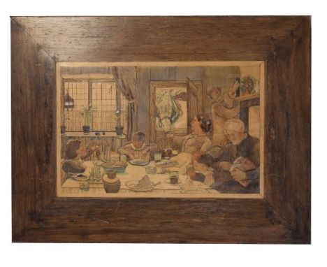 Early 20th Century marquetry panel depicting family sat at the kitchen table, with a horse looking through the door having a 