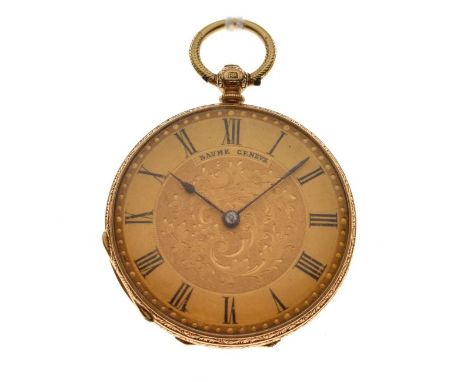 Lady's yellow metal open faced fob watch, gilt Roman dial, engraved and partially enamelled rear door, internally stamped K18