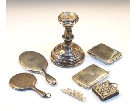 Small quantity of silver items including; two miniature hand mirrors, match box case, pierced square pin cushion, candlestick