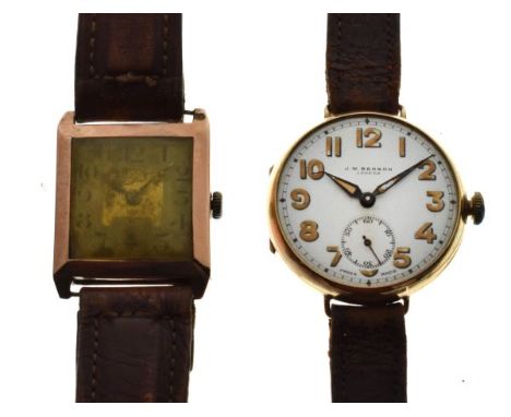 Two vintage 9ct gold wristwatches, the first with white circular Arabic dial signed J.W. Benson London with subsidiary at 6, 