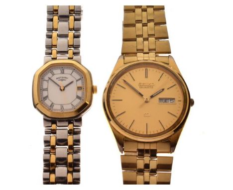 Rotary - Lady's gold-plated bi-colour wristwatch with canted oblong dial and flexible bracelet strap, together with a gentlem