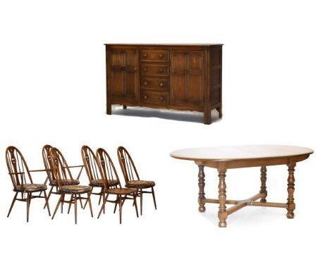 Ercol elm dining suite comprising: oval draw-out extending dining table on X stretcher, set of six (four standard plus two ar