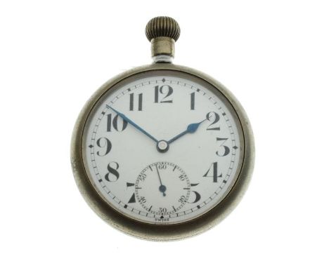 Swiss base metal open faced pocket watch, probably Military issue, white Arabic dial with subsidiary at 6, screw-off case bac