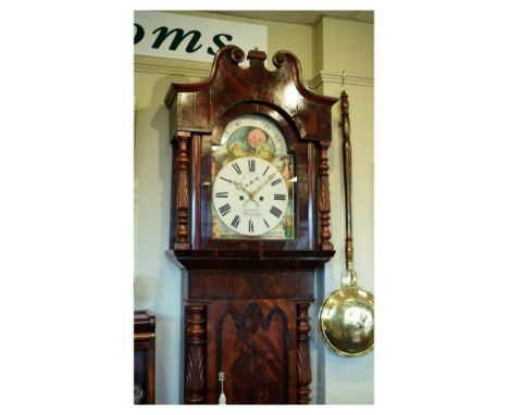 Mid 19th Century mahogany-veneered eight day painted dial longcase clock, Alfred Eaves, Birmingham, the 14-inch break arch di