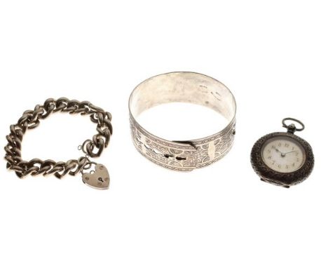 Silver curb link bracelet, a bangle stamped Sterling and a lady's fob watch the case stamped .935   Condition: 