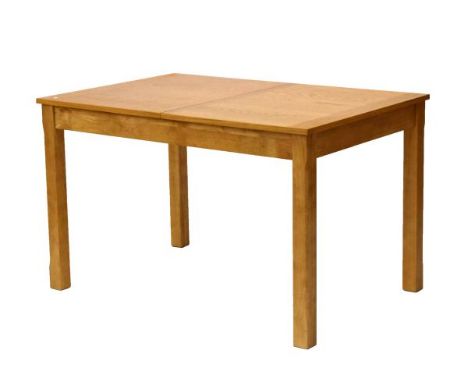 Modern light oak draw-out extending dining table on square section supports, 80cm x 121cm closed/151cm open   Condition: 