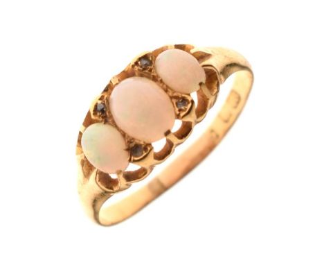 18ct gold dress ring set three graduated opals, size R, 2.6g gross approx   Condition: 