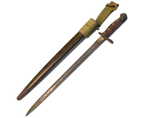 Militaria - US Army bayonet and scabbard, the blade with flaming ball mark and impressed number 137   Condition: 