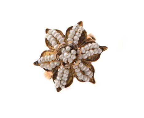 Seed pearl set flowerhead design dress ring, the shank stamped C.18, size O, 2.9g gross approx   Condition: 