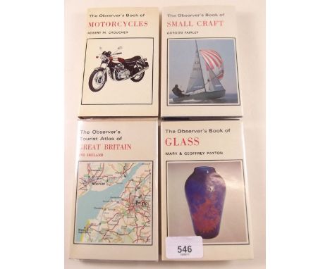 Four first edition Observer books: Motorcycles 1976, Glass 1976, Tourist Atlas of Great Britain 1976 and Small Craft 1976