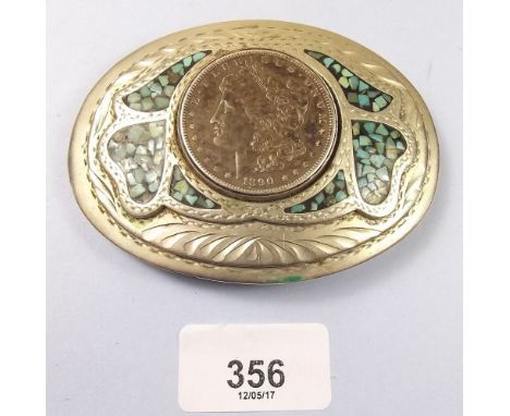 A silver plated buckle set turquoise and silver dollar 1890