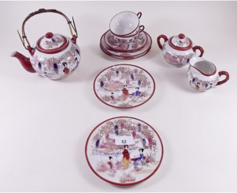 A Japanese eggshell tea service comprising: six cups (2 a/f), six saucers, six teaplates, one teapot, one jug and one covered