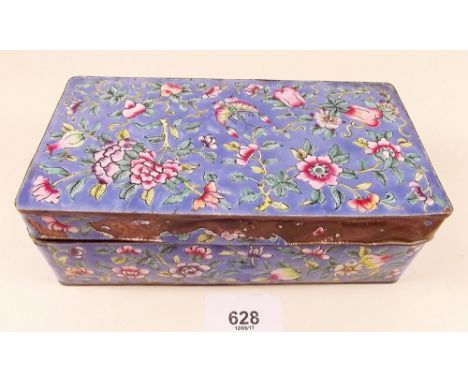 An enamel box decorated flowers on a blue ground - 17.5cm a/f