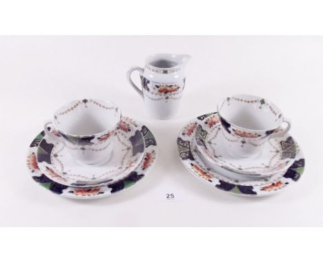 A Wood and Sons "Millwood" part tea service with floral borders comprising: five cups and saucers, twelve tea plates and a ju