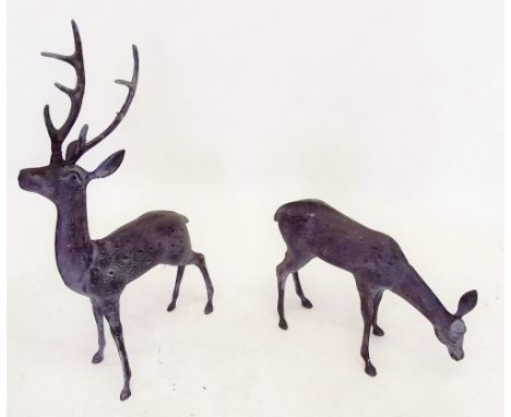 A large bronze finish stag and doe  87cm tall (the stag repaired to antler base)
