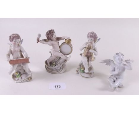 Four Naples cherub figures playing instruments - some a/f