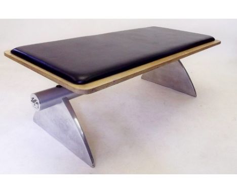 A Zoeftig modernist airport bench or window seat in ply and metal, label to base 