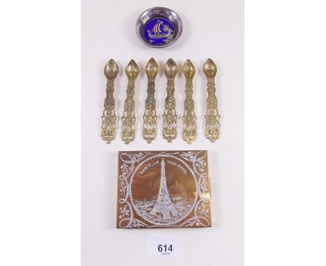 A set of six Jewish spoons, an Eiffel Tower cigarette case and Norwegian enamel pin dish - a/f