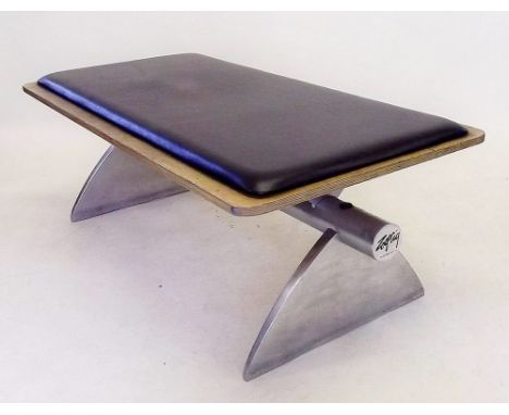 A Zoeftig modernist airport bench or window seat in ply and metal, label to base 