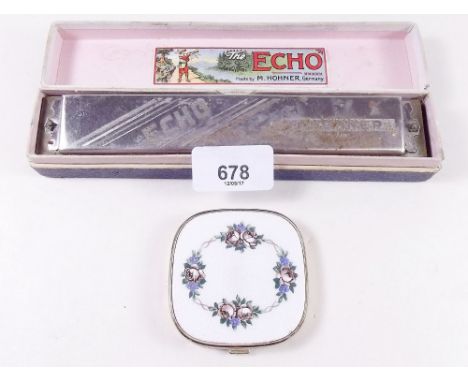 An Echo mouth organ - boxed and an enamel compact  