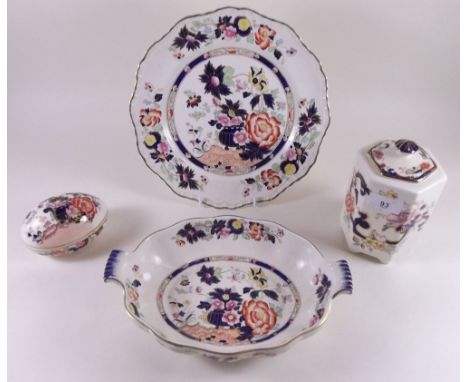 A collection of Masons Ironstone china comprising: plate, egg shaped trinket box, hexagonal jar and cover and two handled ser