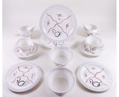 An Art Deco style 1950's tea service comprising: eleven cups, twelve saucers, two sugar bowls, two milk jugs, eleven tea plat