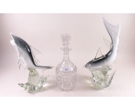 Two Murano glass sharks and a cut glass decanter