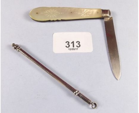 A silver and mother of pearl fruit knife, Sheffield 1884 and a white metal 90 standard swizzle stick 