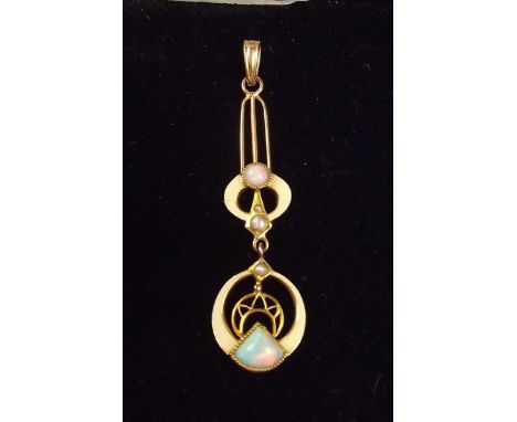 A 10ct gold Art Nouveau enamel pendant set opals 