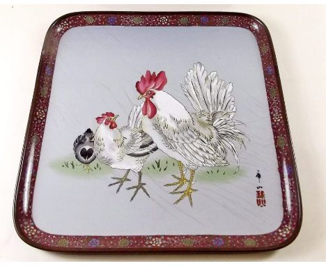 A Japanese Meiji period enamel tray decorated chicken and rooster, signed, with lotus flower decoration to reverse