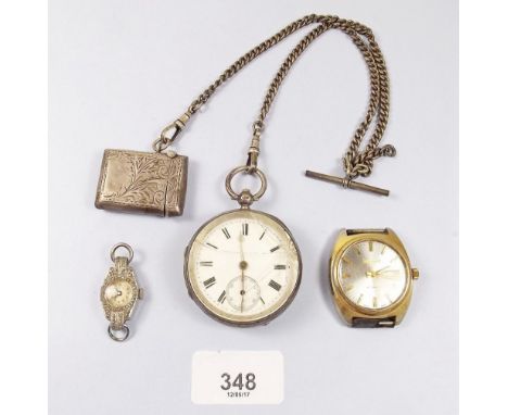 A silver pocket watch, vesta case, two other watches and fob chain 